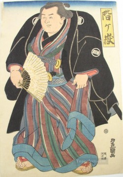  Utagawa Pintura al %c3%b3leo - Luchador de sumo en underkimono a rayas azules y marrones Utagawa Toyokuni japonés